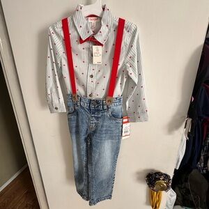 Cat & Jack Red Suspenders with Striped Shirt and Jeans